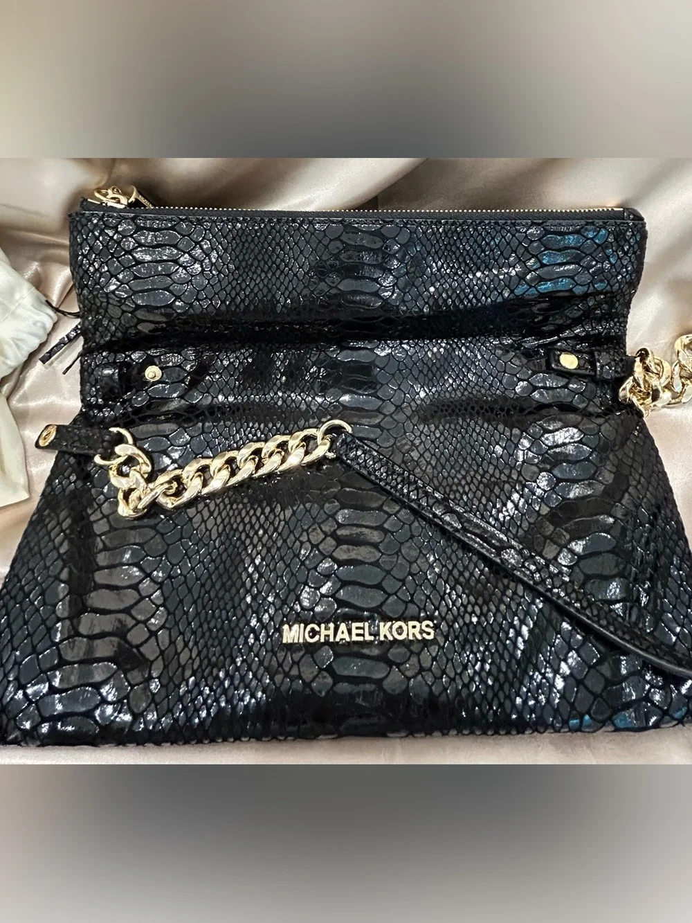 Michael Kors Black Snake-Embossed Tassel Crossbody